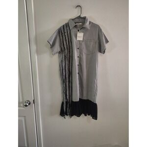 TwoTwinStyle Striped Shirt Dress Fringe Detail Black White Ruffle‎ Hem NWT